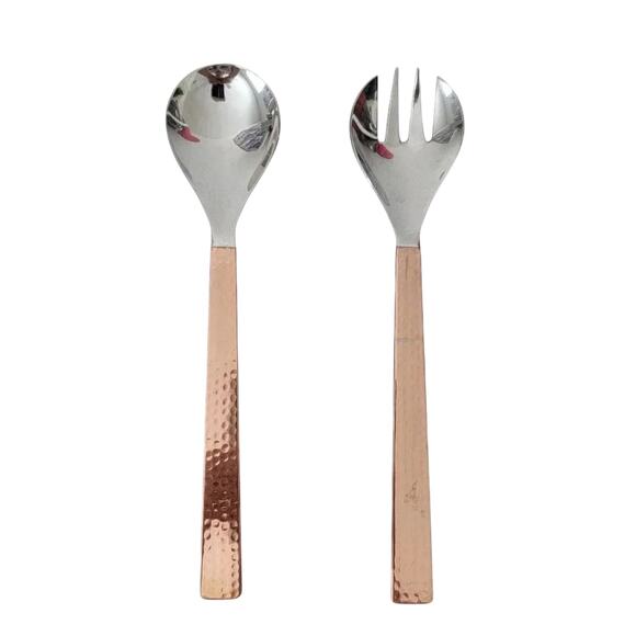 Handcrafted Copper & Stainless Steel Serving Spoon and Fork Set of 2 Indian - Picture 1 of 7